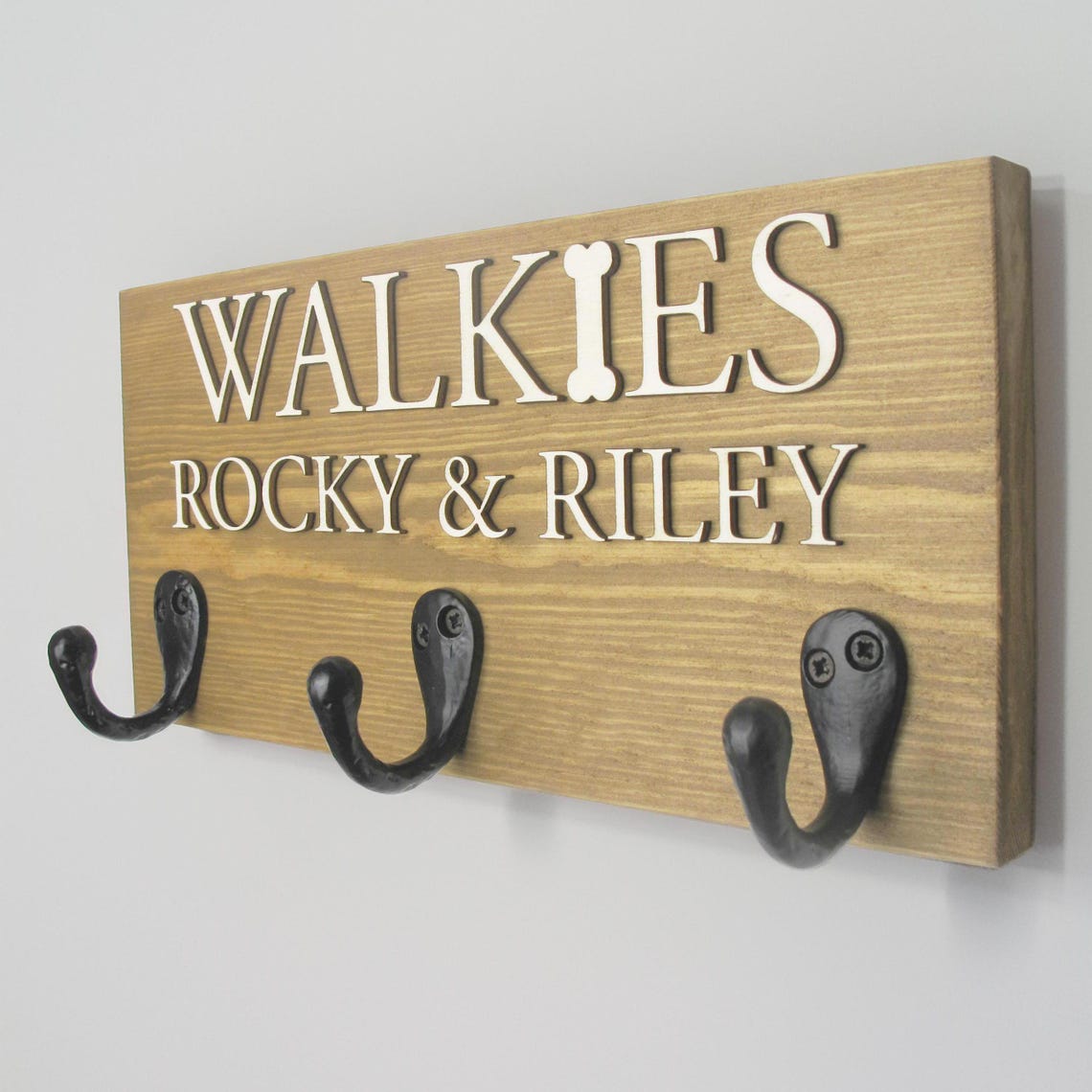 Personalised Walkie's Wooden Dog Lead Hook Sign with Raised Natural Wood Wording, Pet Gift, Furry Friend
