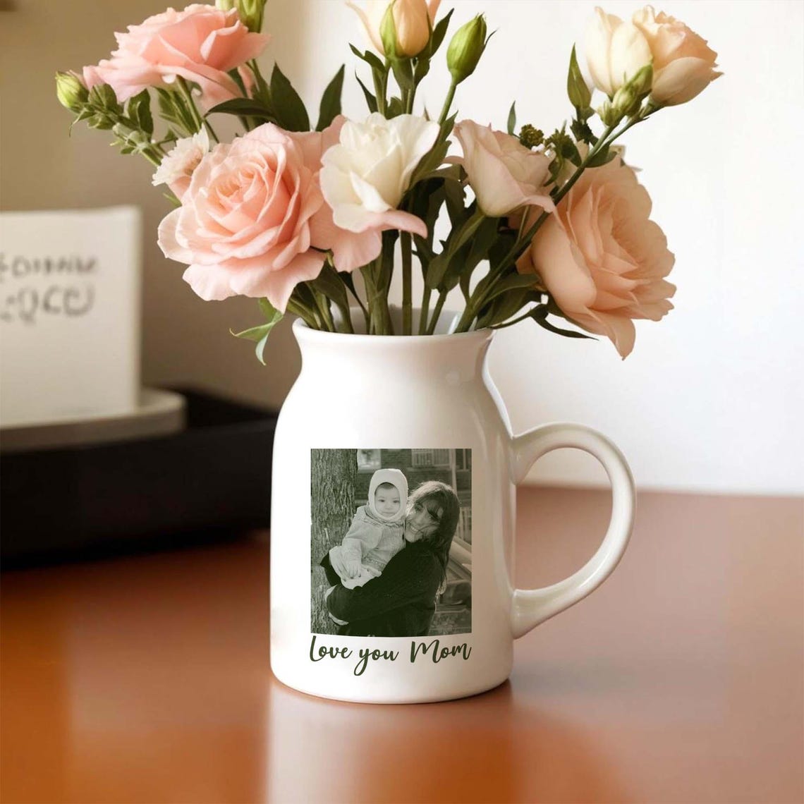 Personalised Mom Grandma Floral Ceramic Vase, Custom Photo Mother's Day Flower Vase, Mothers Day Gift, Personalized Photo Gifts, Mom Gift