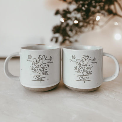 Custom Mom With Kids Names Pottery Mug, Birth Month Flowers Coffee Mug Gift for Mom, Mom Birthday Gift for Her, Mothers Day Gift for Grandma