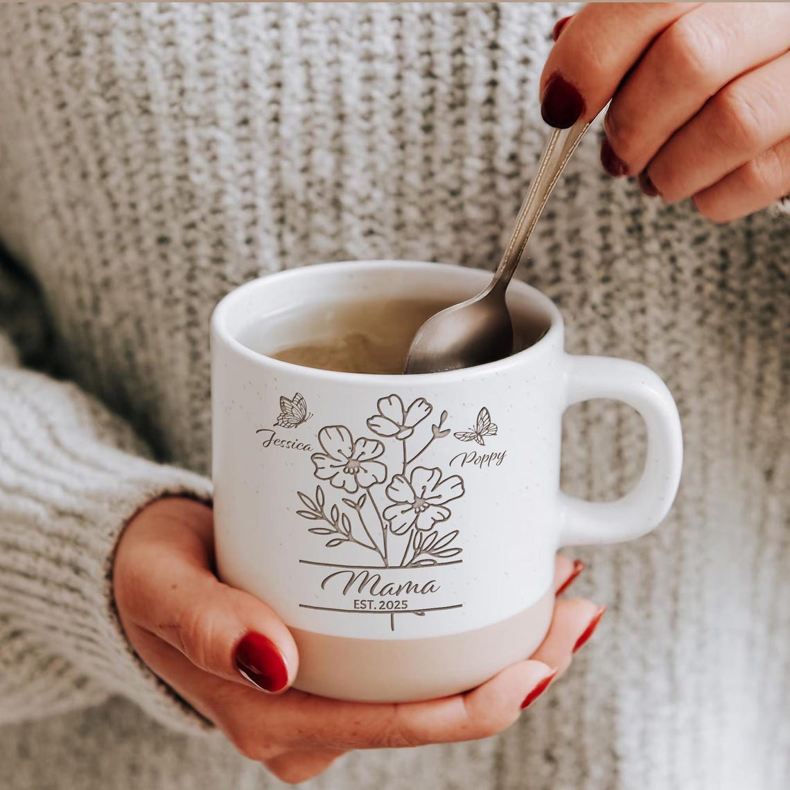 Custom Mom With Kids Names Pottery Mug, Birth Month Flowers Coffee Mug Gift for Mom, Mom Birthday Gift for Her, Mothers Day Gift for Grandma
