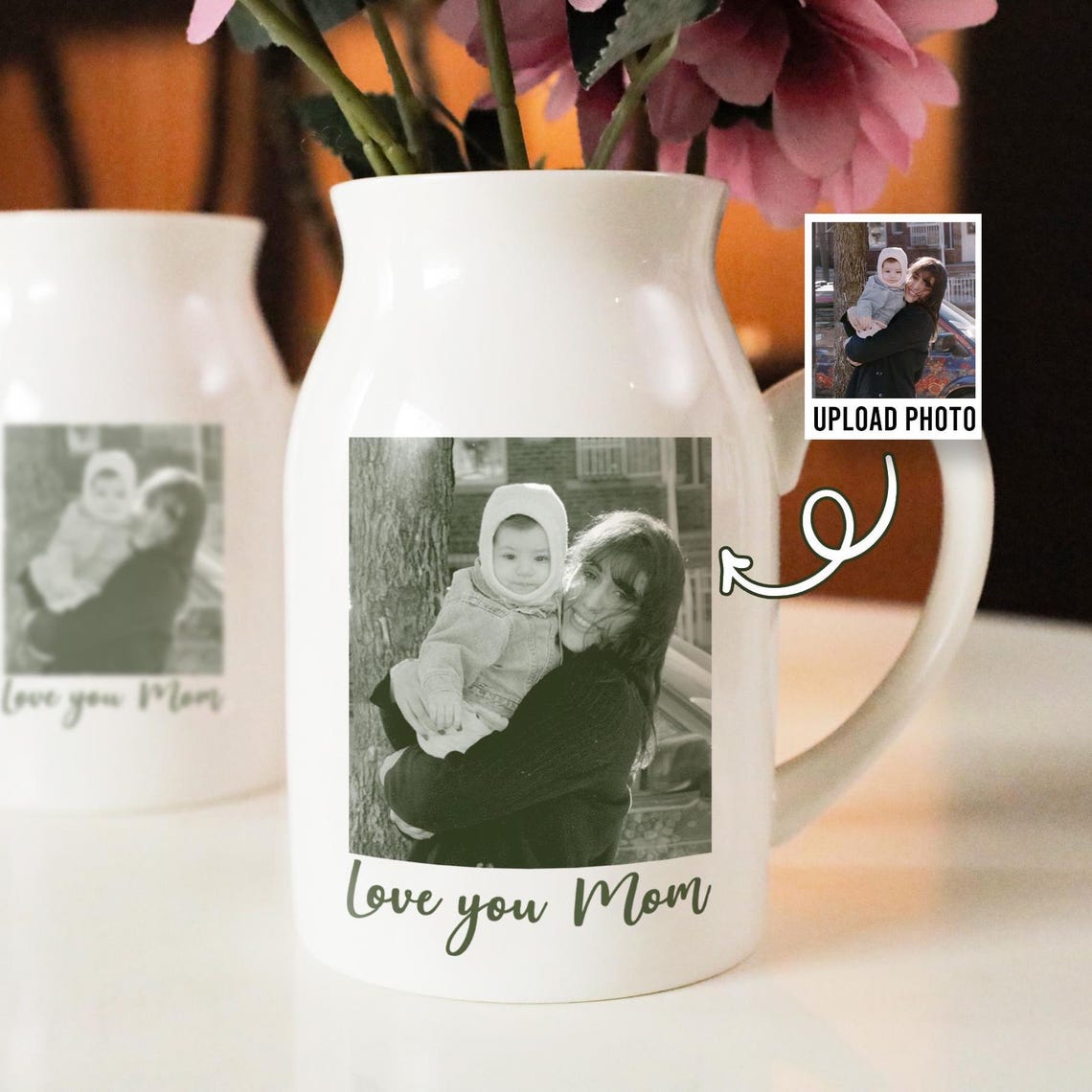 Personalised Mom Grandma Floral Ceramic Vase, Custom Photo Mother's Day Flower Vase, Mothers Day Gift, Personalized Photo Gifts, Mom Gift