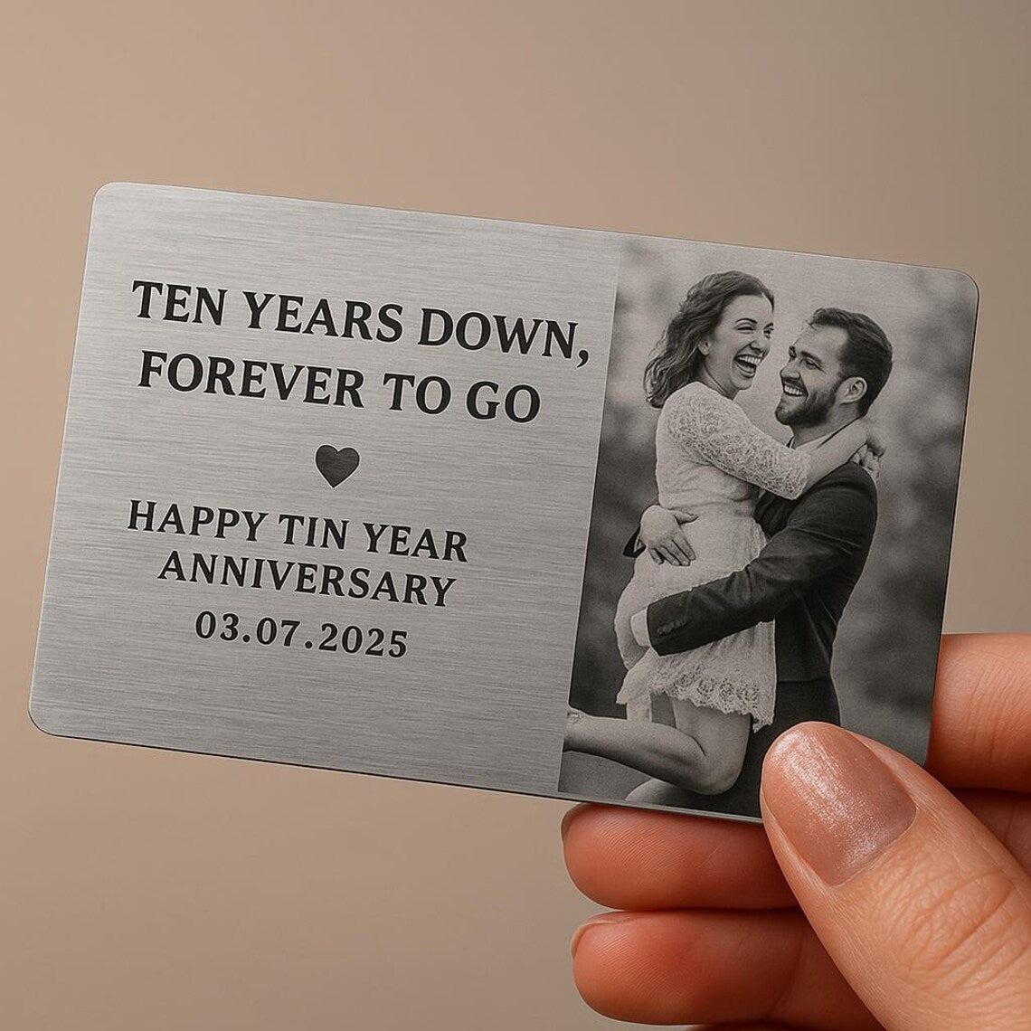 Custom Year Anniversary Wallet Card, Metal Photo Card Gift, Tin Anniversary for Husband or Wife, Forever Love Keepsake