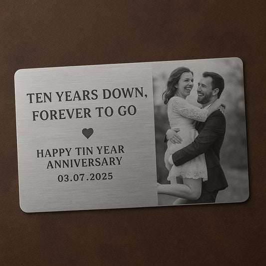 Custom Year Anniversary Wallet Card, Metal Photo Card Gift, Tin Anniversary for Husband or Wife, Forever Love Keepsake