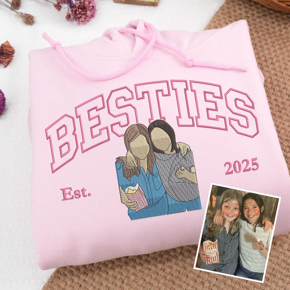 Personalized Best Friend Portrait Embroidered Hoodie From Photo | Custom Best Friend Birthday Gifts | Soul Sister Hoodies | BFF Gifts
