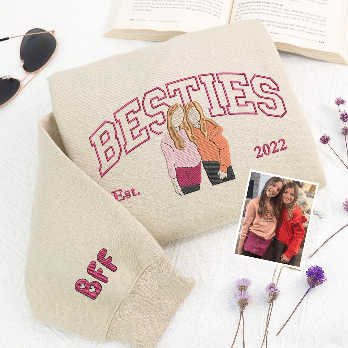 Personalized Best Friend Portrait Embroidered Hoodie From Photo | Custom Best Friend Birthday Gifts | Soul Sister Hoodies | BFF Gifts