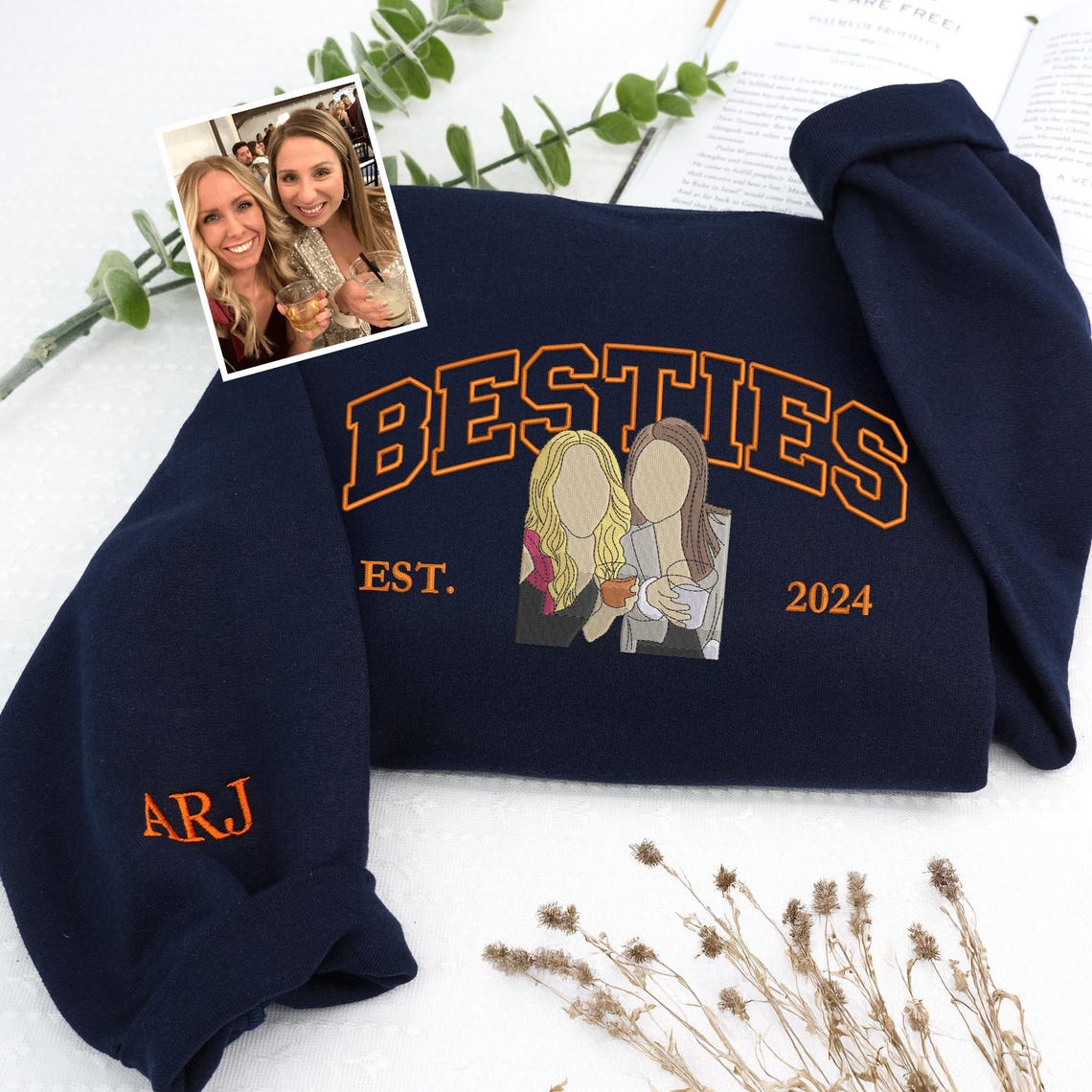 Personalized Best Friend Portrait Embroidered Hoodie From Photo | Custom Best Friend Birthday Gifts | Soul Sister Hoodies | BFF Gifts