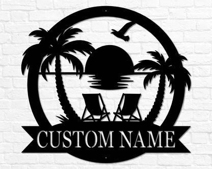 Custom Beach Decor | Nautical Decor | Lake House Decor | Summer Beach House Sign | Metal Coastal Decor | Outdoor Sign Sunset Beach Monogram
