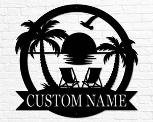 Custom Beach Decor | Nautical Decor | Lake House Decor | Summer Beach House Sign | Metal Coastal Decor | Outdoor Sign Sunset Beach Monogram