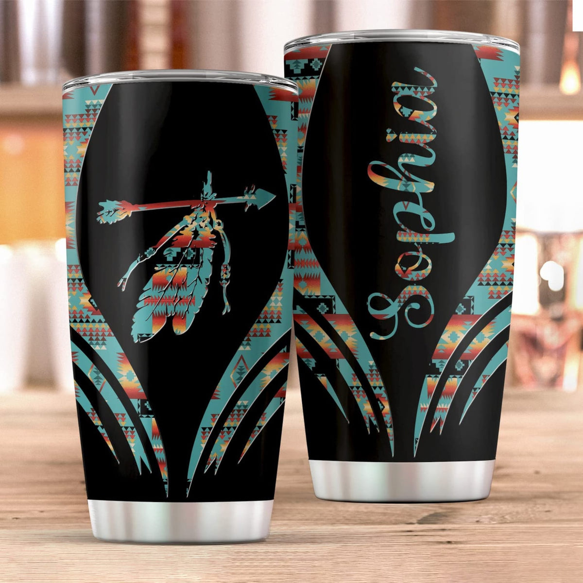 Personalized Native American Feathers Pattern Tumbler, American Culture Tumblers Stainless Steel Cup Travel Mug, Native American Gifts