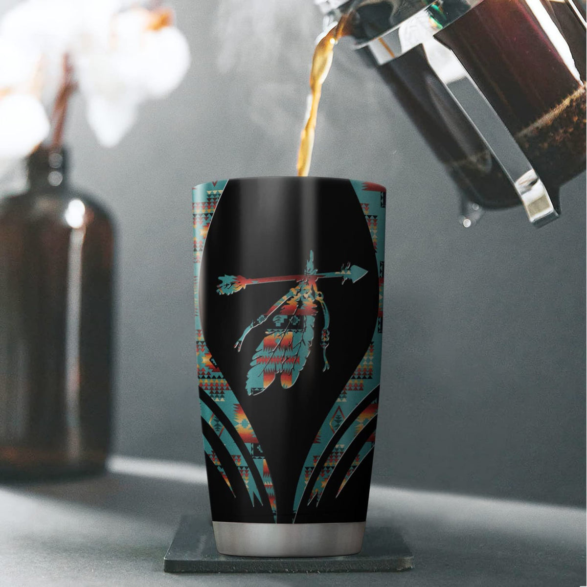Personalized Native American Feathers Pattern Tumbler, American Culture Tumblers Stainless Steel Cup Travel Mug, Native American Gifts