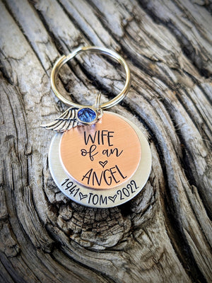 Wife Of An Angel, Personalized Hand Stamped Husband Memorial Keychain, Sympathy Gifts