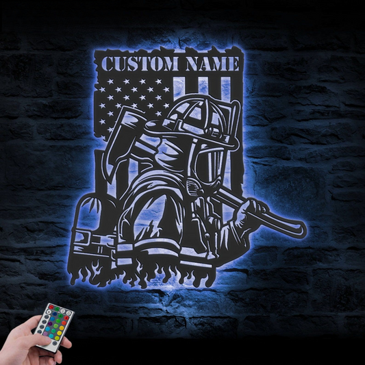 Custom Firefighter US Flag Metal Wall Art LED Light Personalized USA Fireman Name Sign Home Decor Fire Department Decoration Birthday Xmas