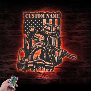 Custom Firefighter US Flag Metal Wall Art LED Light Personalized USA Fireman Name Sign Home Decor Fire Department Decoration Birthday Xmas