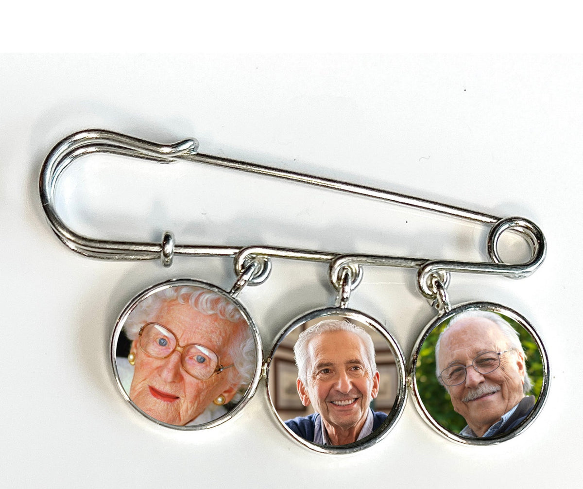Memorial Photo Lapel Pin Gift for groom from bride has picture on front and a personalized message on the back for 1, 2 , 3 , 4 or 5 charms