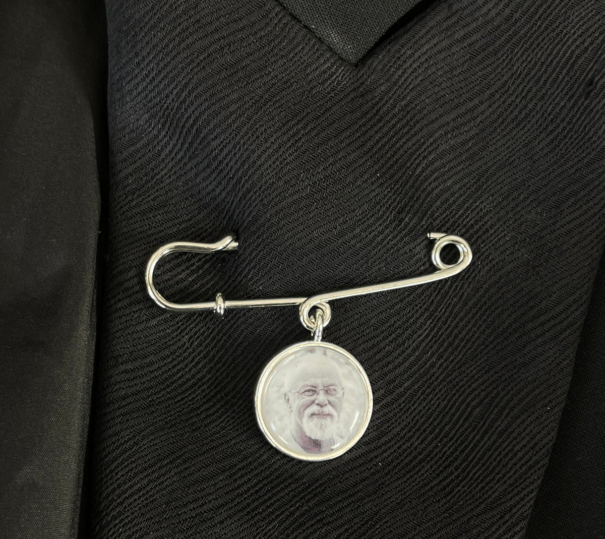 Memorial Photo Lapel Pin Gift for groom from bride has picture on front and a personalized message on the back for 1, 2 , 3 , 4 or 5 charms