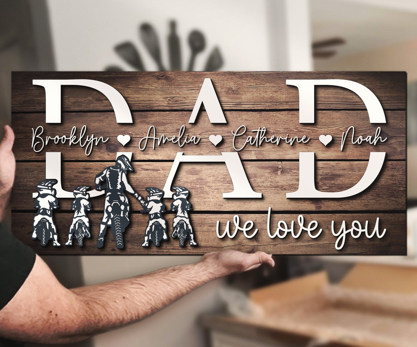 Custom Motocross Biker Dad Kid Son Daughter Name Wood Sign Personalized Father Day Grandpa Dirt Bike Rider Dirtbike Gift Home Wooden Decor