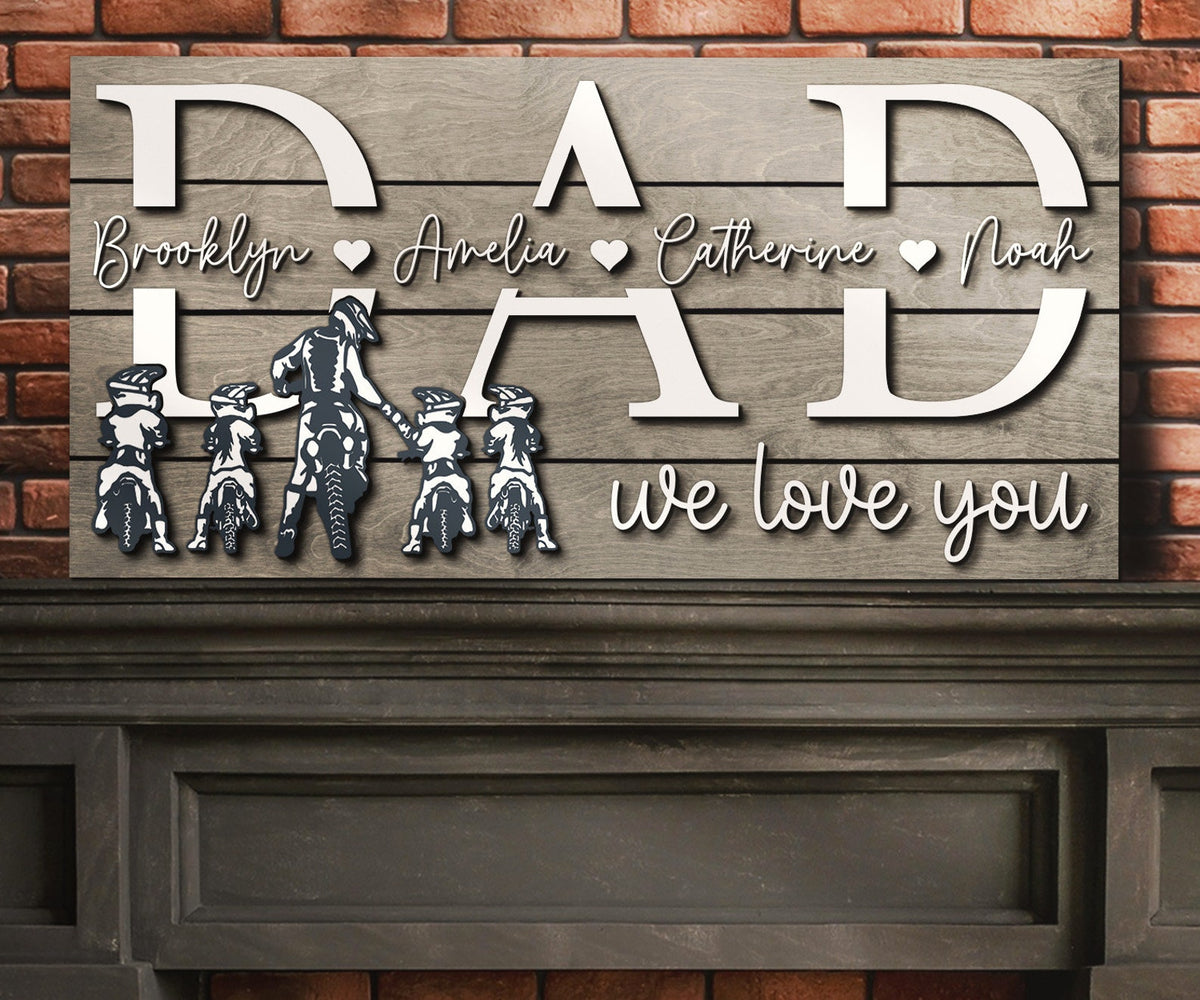 Custom Motocross Biker Dad Kid Son Daughter Name Wood Sign Personalized Father Day Grandpa Dirt Bike Rider Dirtbike Gift Home Wooden Decor