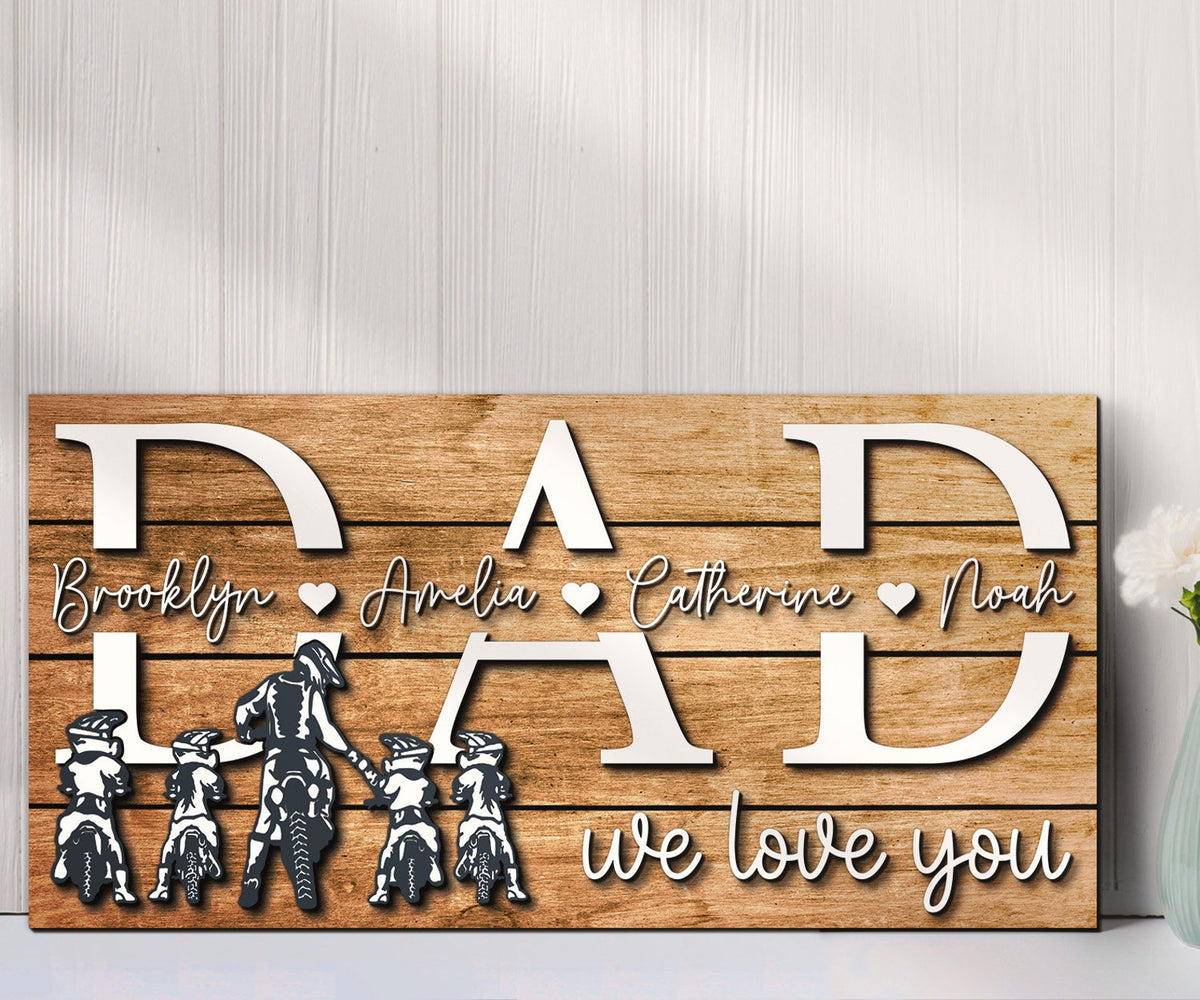 Custom Motocross Biker Dad Kid Son Daughter Name Wood Sign Personalized Father Day Grandpa Dirt Bike Rider Dirtbike Gift Home Wooden Decor
