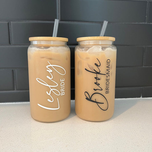 Bridesmaid Gift, Customized Glass Tumbler, Iced Coffee Tumbler, Maid Of Honor Gift, Bachelorette Party, 16oz Glass Cup, Bridesmaid Proposal
