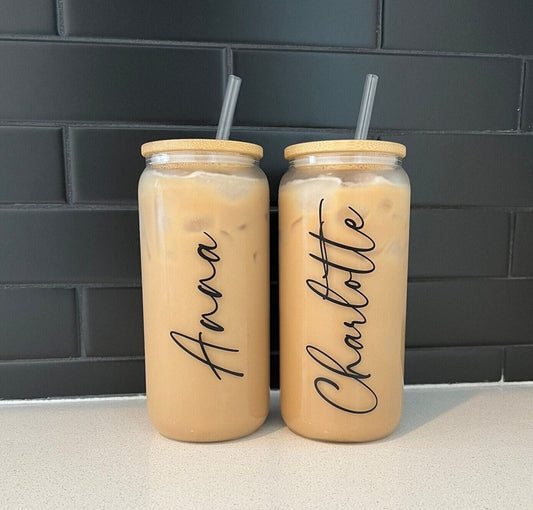 Personalized Iced Coffee Cup, 20oz Glass Cup, Custom Beer Can Glass with Lid and Straw, Bridesmaid Gift, Bridesmaid Proposal