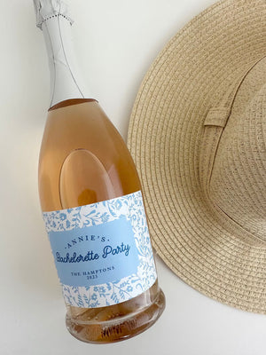 Bachelorette Party Coastal Grandmother Blue Floral Wine or Champagne Labels Last Toast on the Coast something blue shower