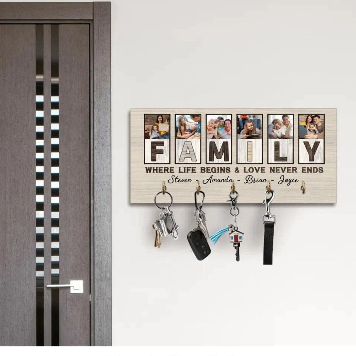 Personalized Wooden Key Holder, Family Where Life Begins and Love Never End, Key Hanger for Wall, Custom Photo Family Gift, Family Name Sign