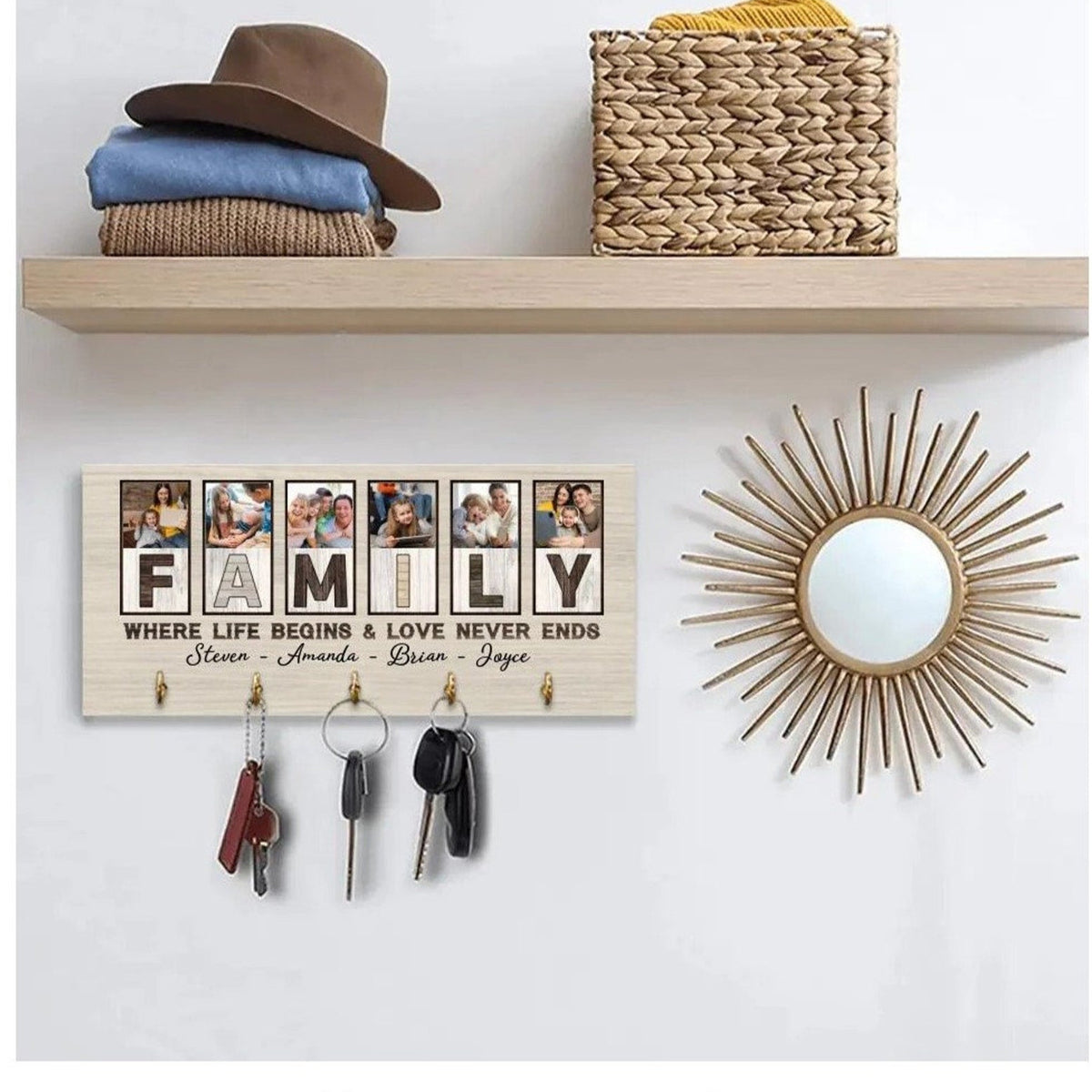 Personalized Wooden Key Holder, Family Where Life Begins and Love Never End, Key Hanger for Wall, Custom Photo Family Gift, Family Name Sign