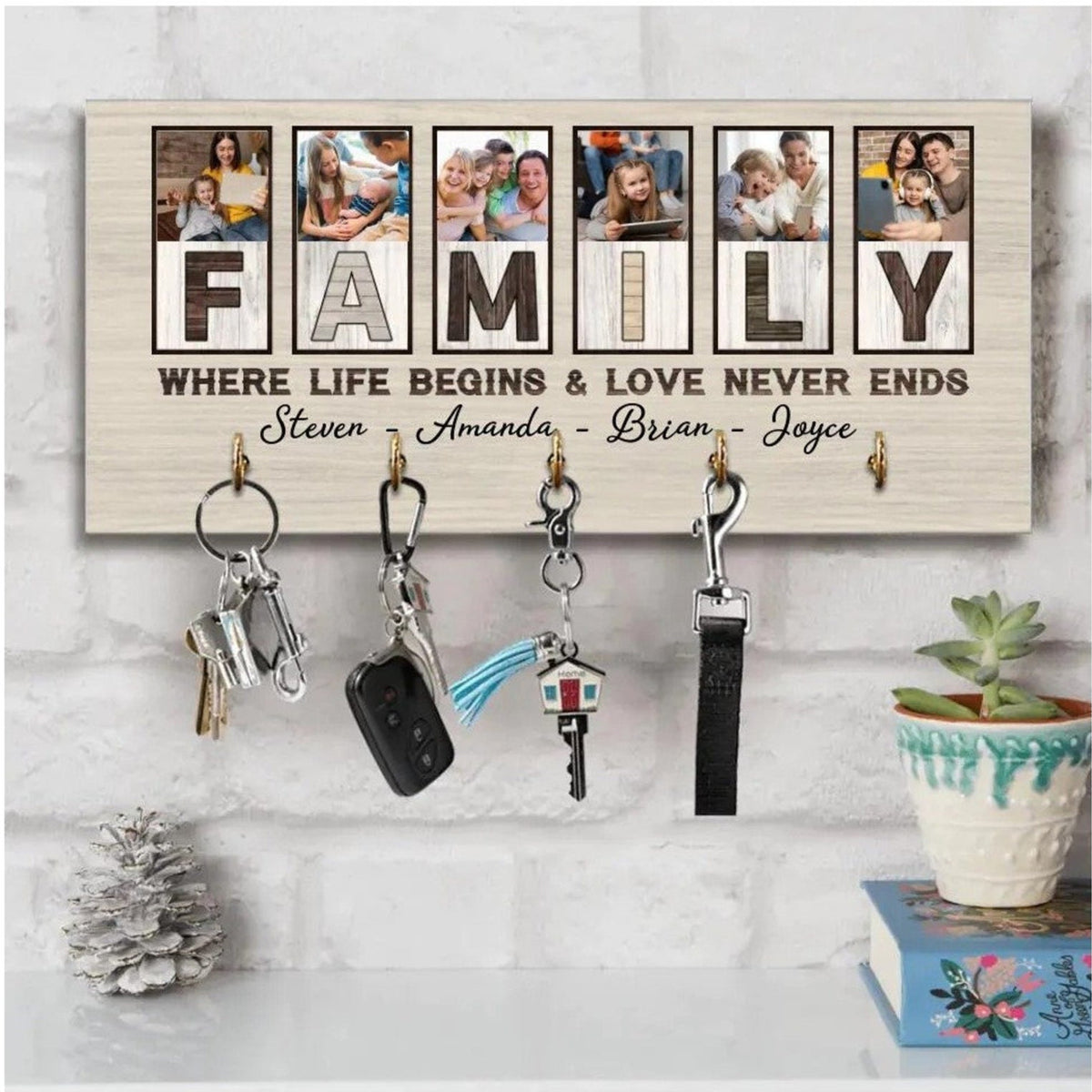 Personalized Wooden Key Holder, Family Where Life Begins and Love Never End, Key Hanger for Wall, Custom Photo Family Gift, Family Name Sign