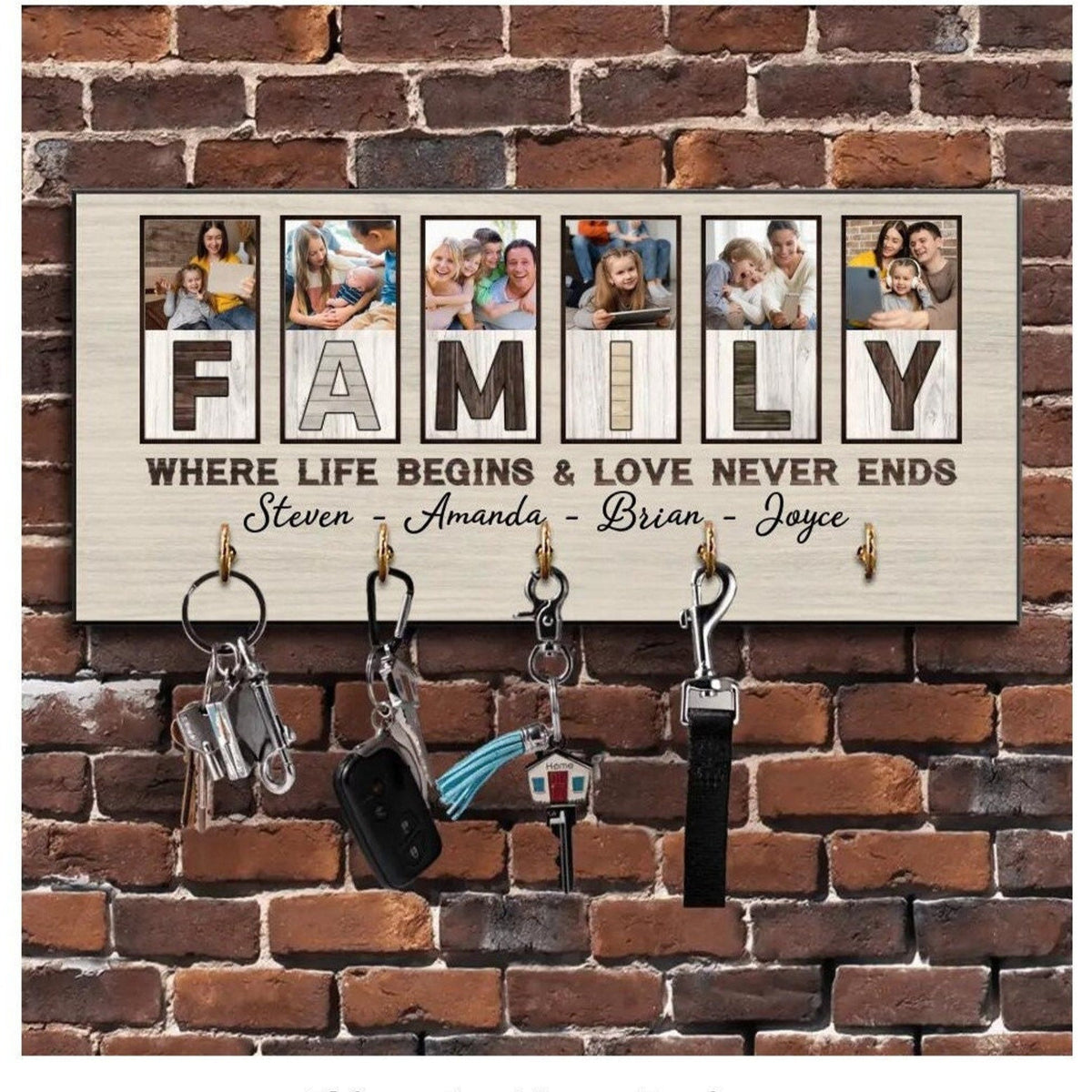 Personalized Wooden Key Holder, Family Where Life Begins and Love Never End, Key Hanger for Wall, Custom Photo Family Gift, Family Name Sign