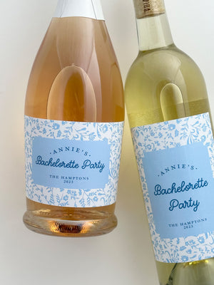 Bachelorette Party Coastal Grandmother Blue Floral Wine or Champagne Labels Last Toast on the Coast something blue shower