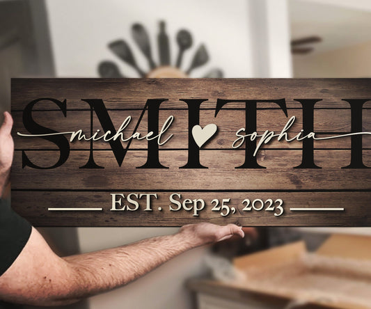 Custom 3D Wood Family Last Name Sign Established Date Personalized Rustic Wooden Wedding Engagement Anniversary Couple Gift Party Wall Decor