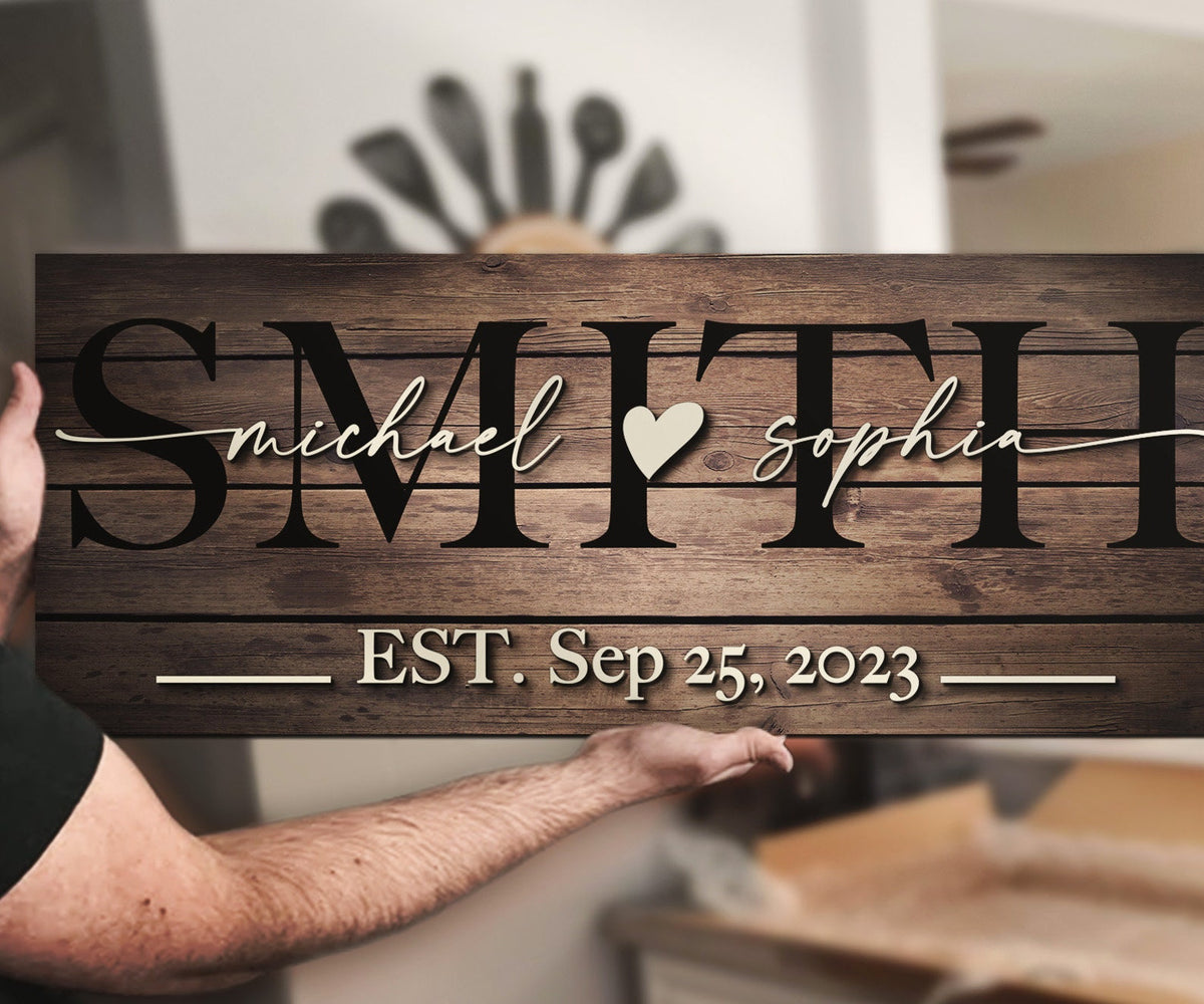 Custom 3D Wood Family Last Name Sign Established Date Personalized Rustic Wooden Wedding Engagement Anniversary Couple Gift Party Wall Decor