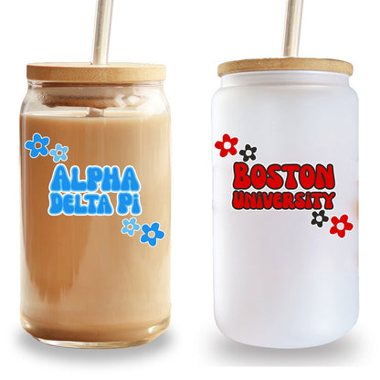 Custom College Merch 16oz Iced Coffee Glass, Sorority Merch College Logo Cup Name Tumbler Can Glass, Personalized College Student Gift Grad