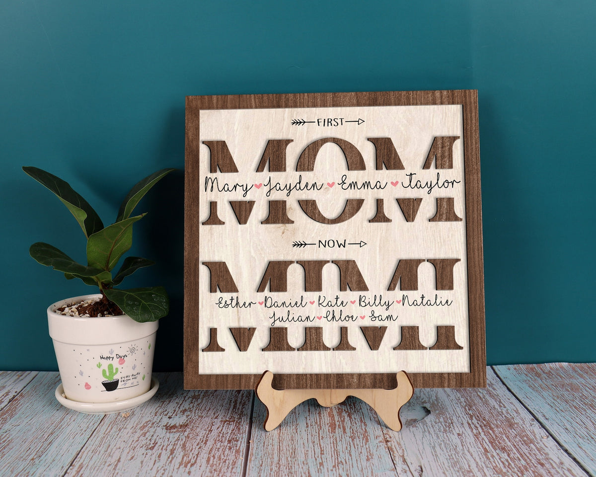 Custom Kids Names First Mom Now Mimi Wood Sign 2-Layer Plaque Mother's Day Gift Mom Gift Grandma Gift Family Gift for Mom Mimi Home Decor