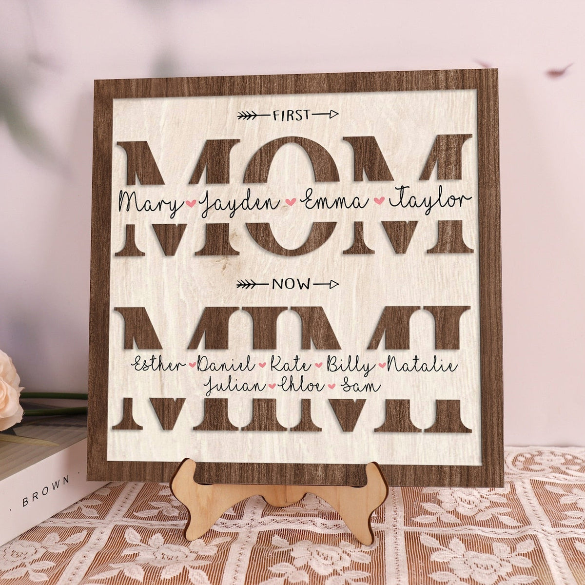 Custom Kids Names First Mom Now Mimi Wood Sign 2-Layer Plaque Mother's Day Gift Mom Gift Grandma Gift Family Gift for Mom Mimi Home Decor