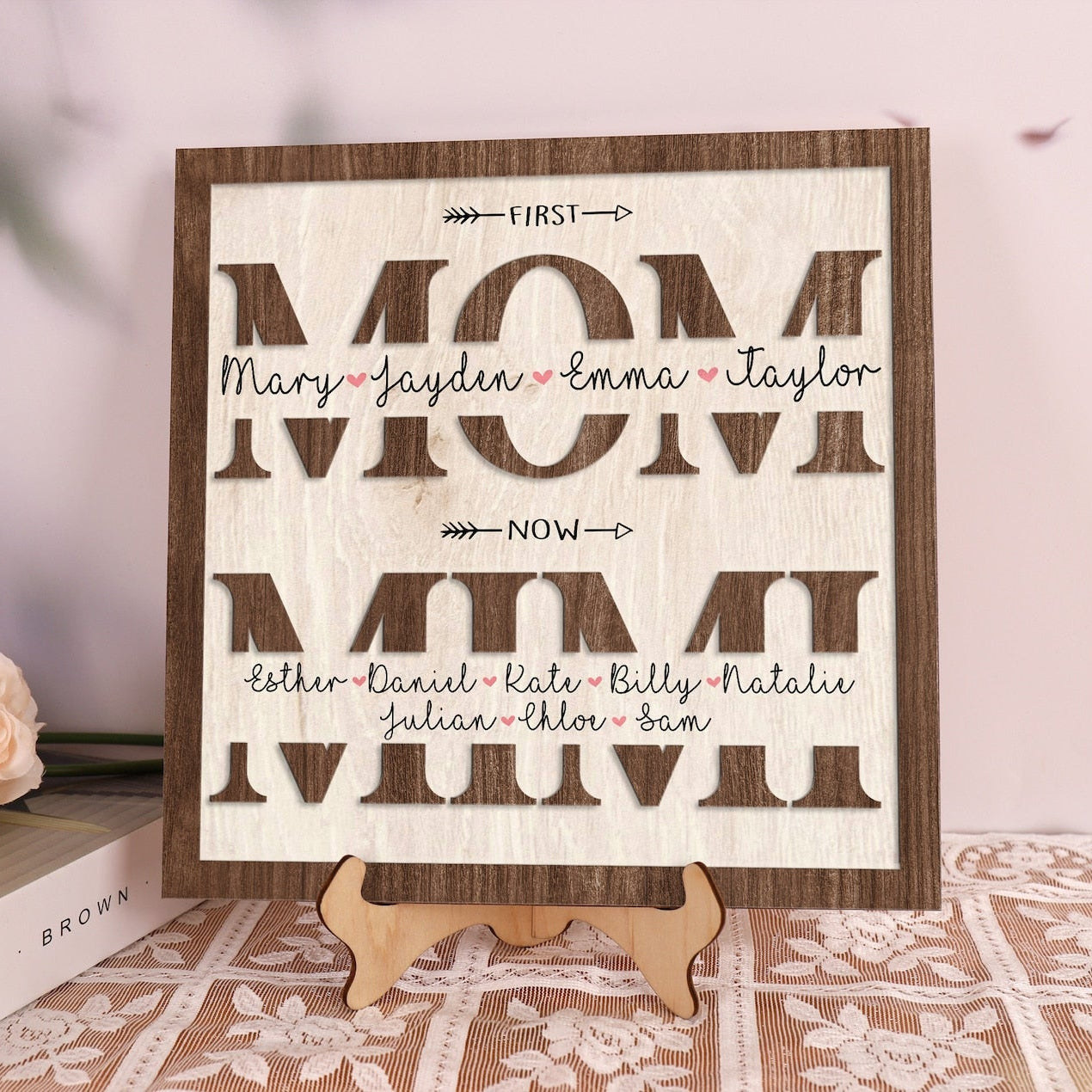 Custom Kids Names First Mom Now Mimi Wood Sign 2-Layer Plaque Mother's Day Gift Mom Gift Grandma Gift Family Gift for Mom Mimi Home Decor