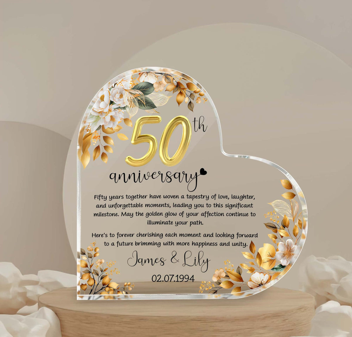 Personalized 50th Wedding Anniversary Gift Heart Acrylic Plaque, 50 Gold Wedding Gifts For Parents, Golden 50 Anniversary Gift, Husband Gift