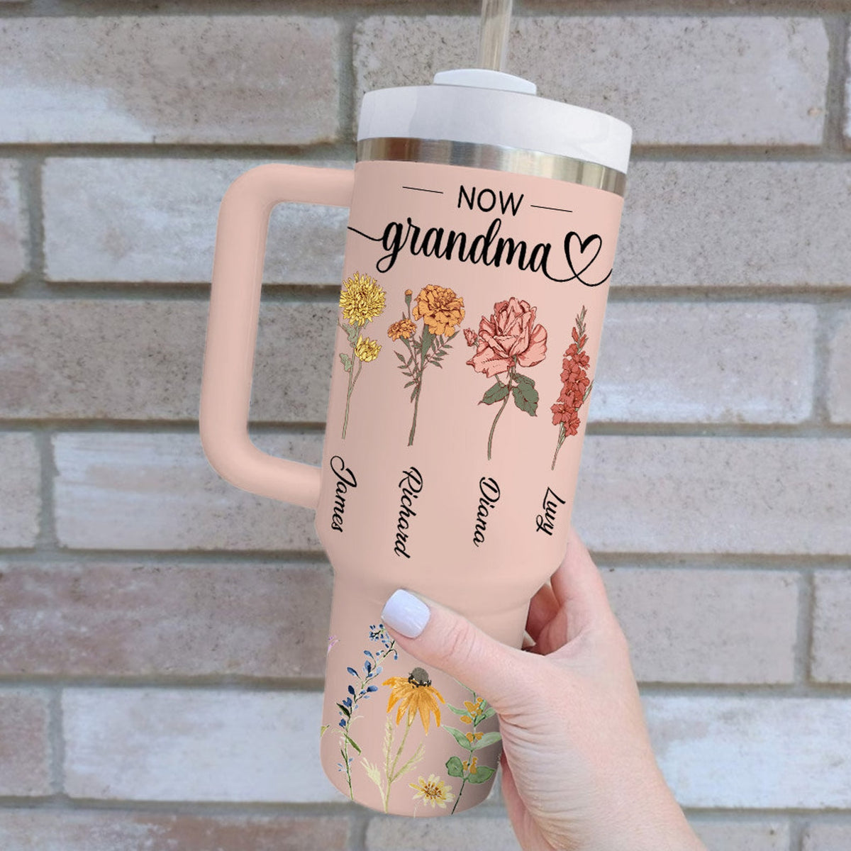 Personalized First Mom now Grandma 40 Oz Tumbler With Children and Grandkids' Names, Birth month flower, Gift For Grandma, Mother's Day Gift