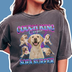 Custom Bootleg Pet Tee - Couch King & Sofa Surfer, 90s Retro Style, Comfort Colors Unisex T-Shirt