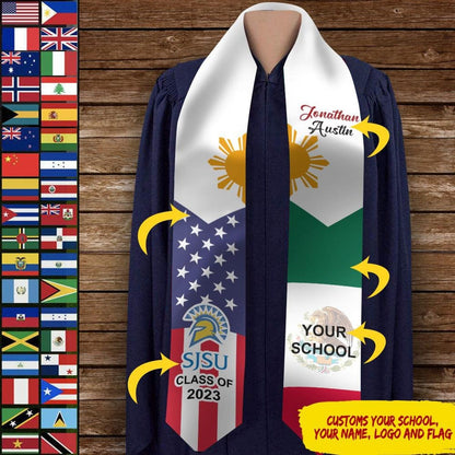 Personalized Congrats 2025 Graduation Stole, Mixed Two Flag Graduation Stole, Graduation Sash Gift, Class of 2025 Grad Sash