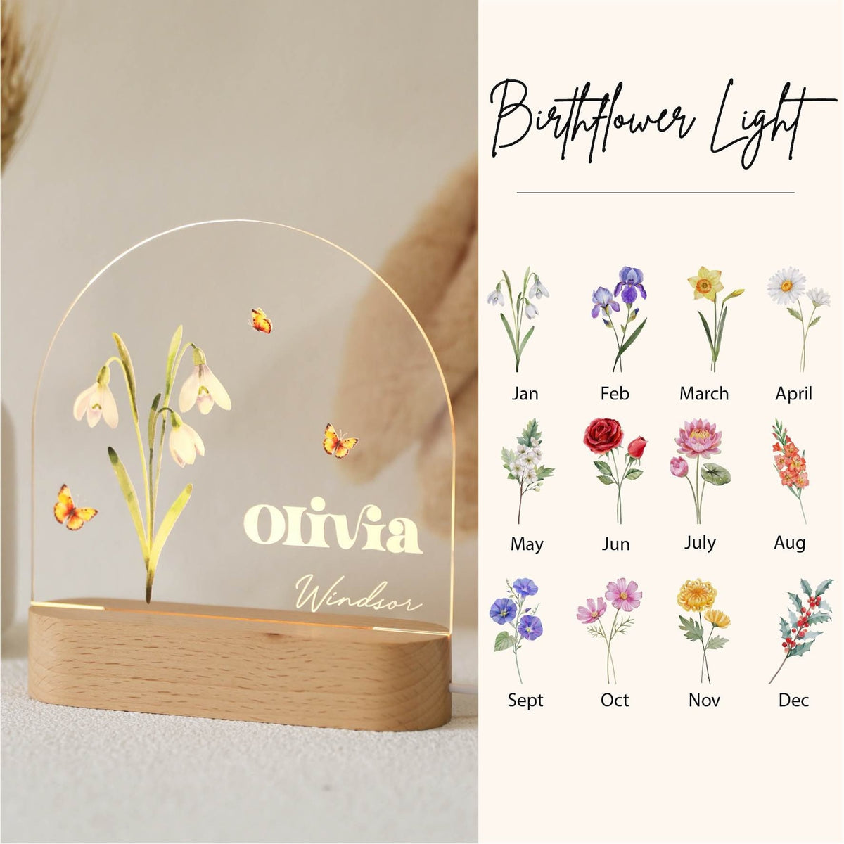 Personalized Birth Month Flower Acrylic Night Light, Boho LED Light, Custom Name, Flower Nursery Decor, Baby Shower Gift, Christmas Gift
