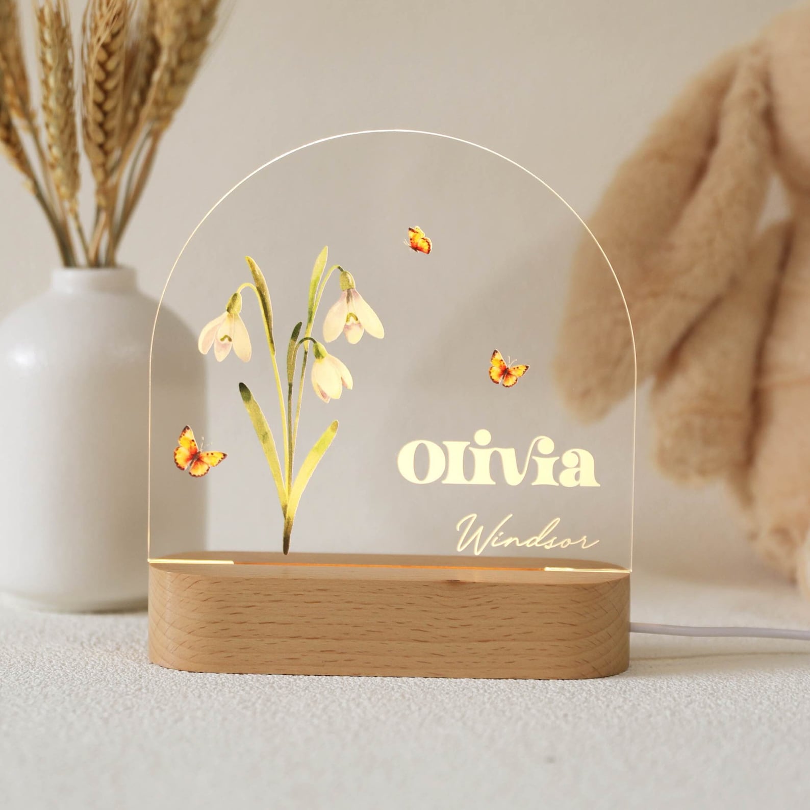 Personalized Birth Month Flower Acrylic Night Light, Boho LED Light, Custom Name, Flower Nursery Decor, Baby Shower Gift, Christmas Gift