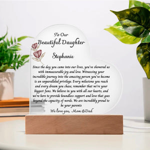 Heart Plaque-To Our Daughter , Flowers Custom Design, Personalized Daughter Gift , Gift From Mom and Dad, Daughter Birthday Gift, Keepsake