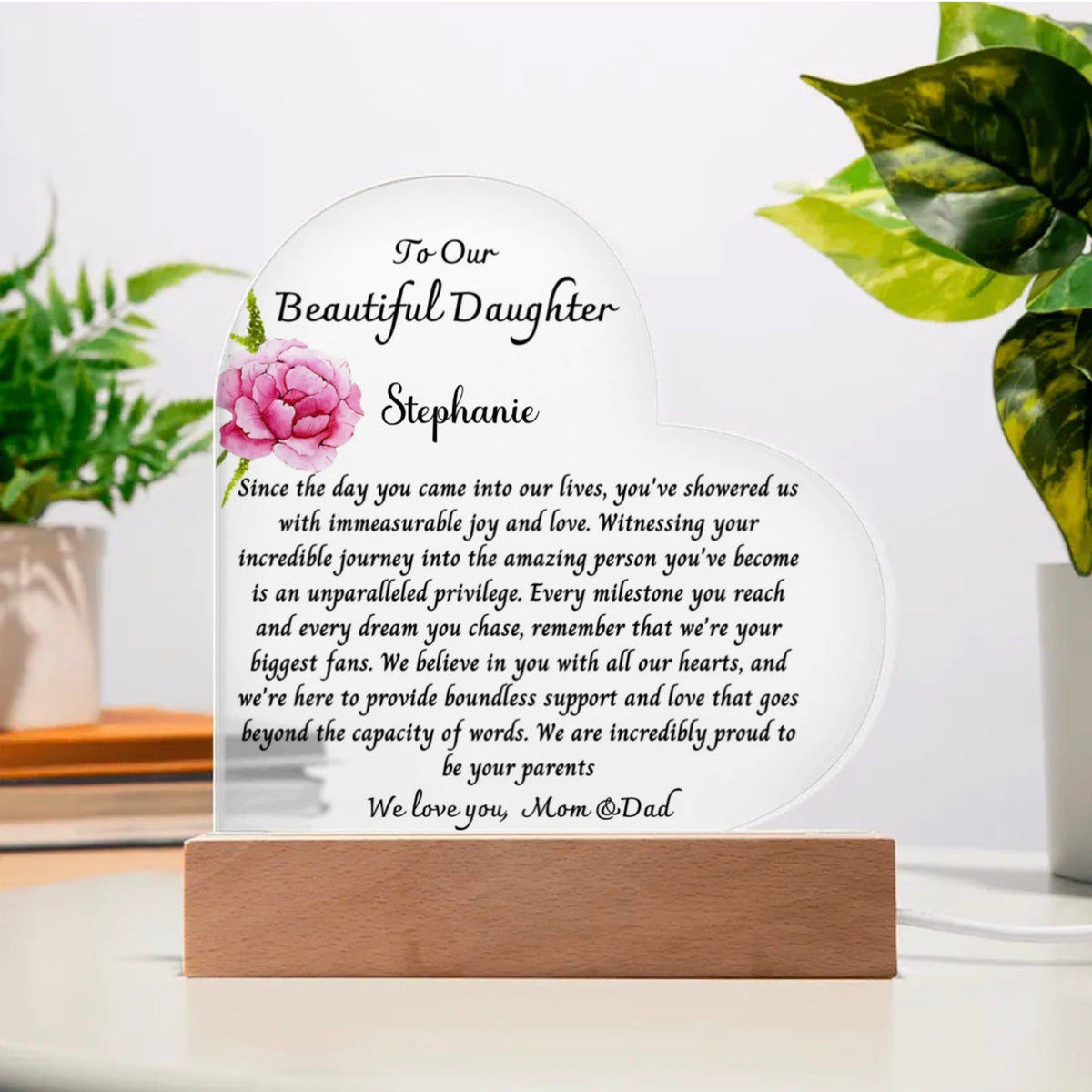 Heart Plaque-To Our Daughter , Flowers Custom Design, Personalized Daughter Gift , Gift From Mom and Dad, Daughter Birthday Gift, Keepsake