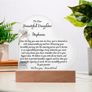 Heart Plaque-To Our Daughter , Flowers Custom Design, Personalized Daughter Gift , Gift From Mom and Dad, Daughter Birthday Gift, Keepsake