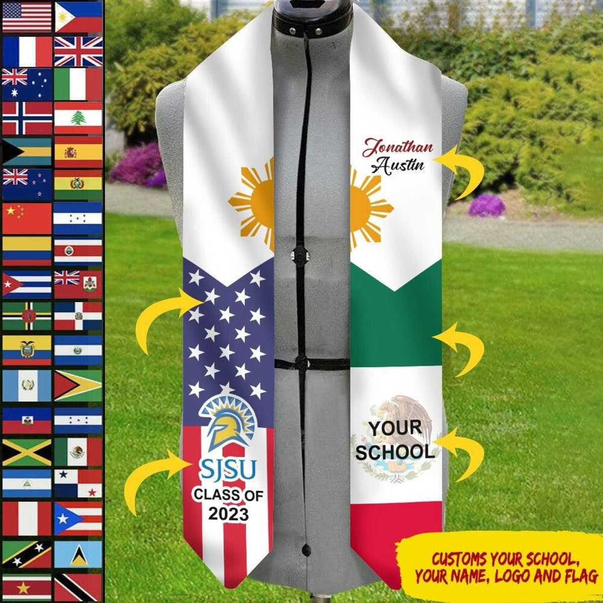 Personalized Congrats 2025 Graduation Stole, Mixed Two Flag Graduation Stole, Graduation Sash Gift, Class of 2025 Grad Sash