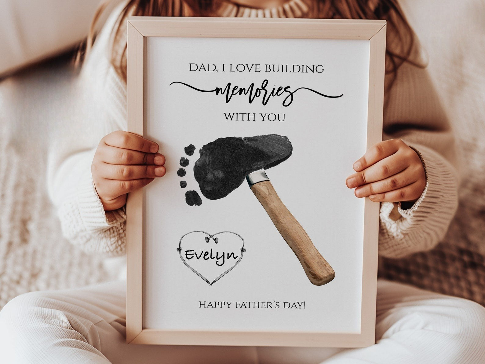 Father's Day Handprint Footprint Wooden Sign, Father's Day Gift, Building Memories Hammer, Gift for Dad from Kid