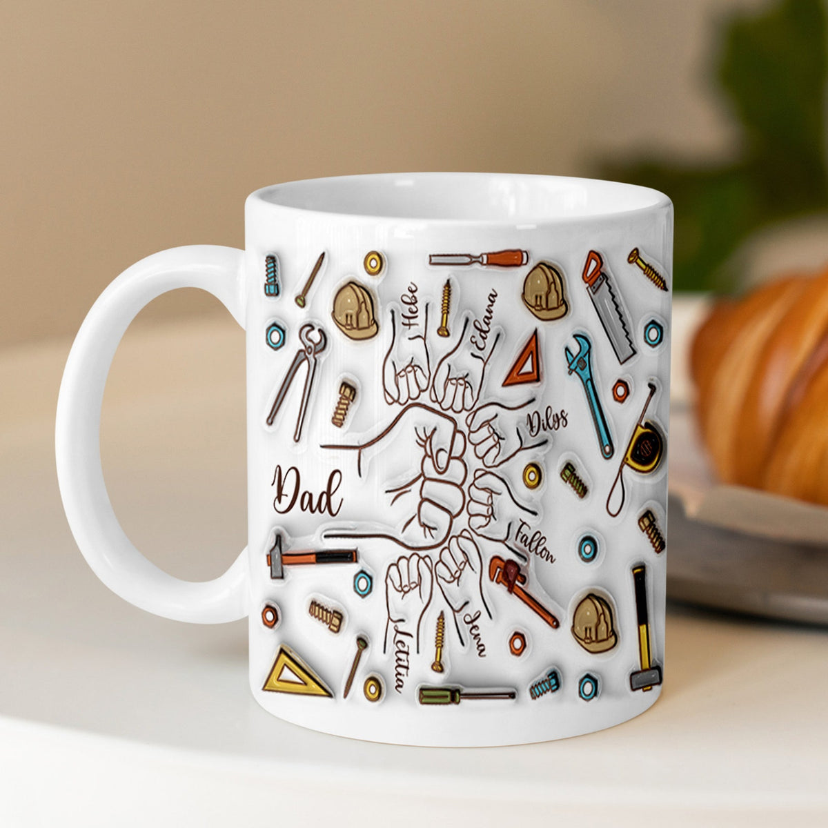 Personalized Dad First Bump 3D Inflated Effect Mug, Custom Kids Names Coffee Mug Father's Day Gift for Grandpa, Custom Tea Mug Gift for Papa