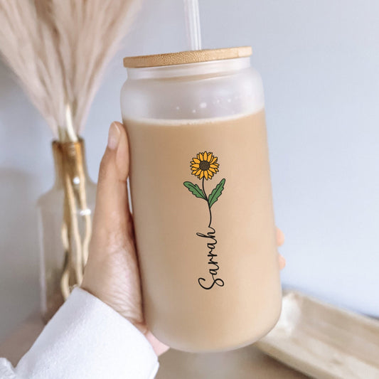 Sunflower Glass Tumbler, Personalized Sunflower Glass Can, Sunflower Lover Coffee Cup, Custom Name Sunflower Glass Can, Sunflower Coffee Cup