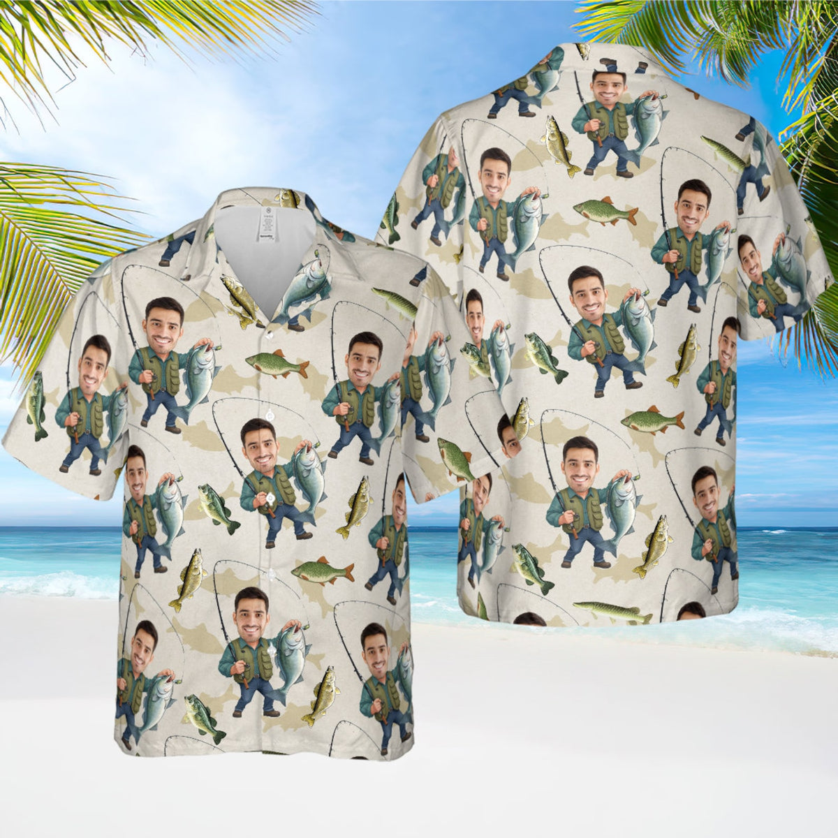 Custom Face Bass Fishing Hawaiian Shirt, Fishing Lover Summer Shirt, Hawaii Shirt, Summer Party Gift, Fishing Hawaii Shirt, Gift Fisherman